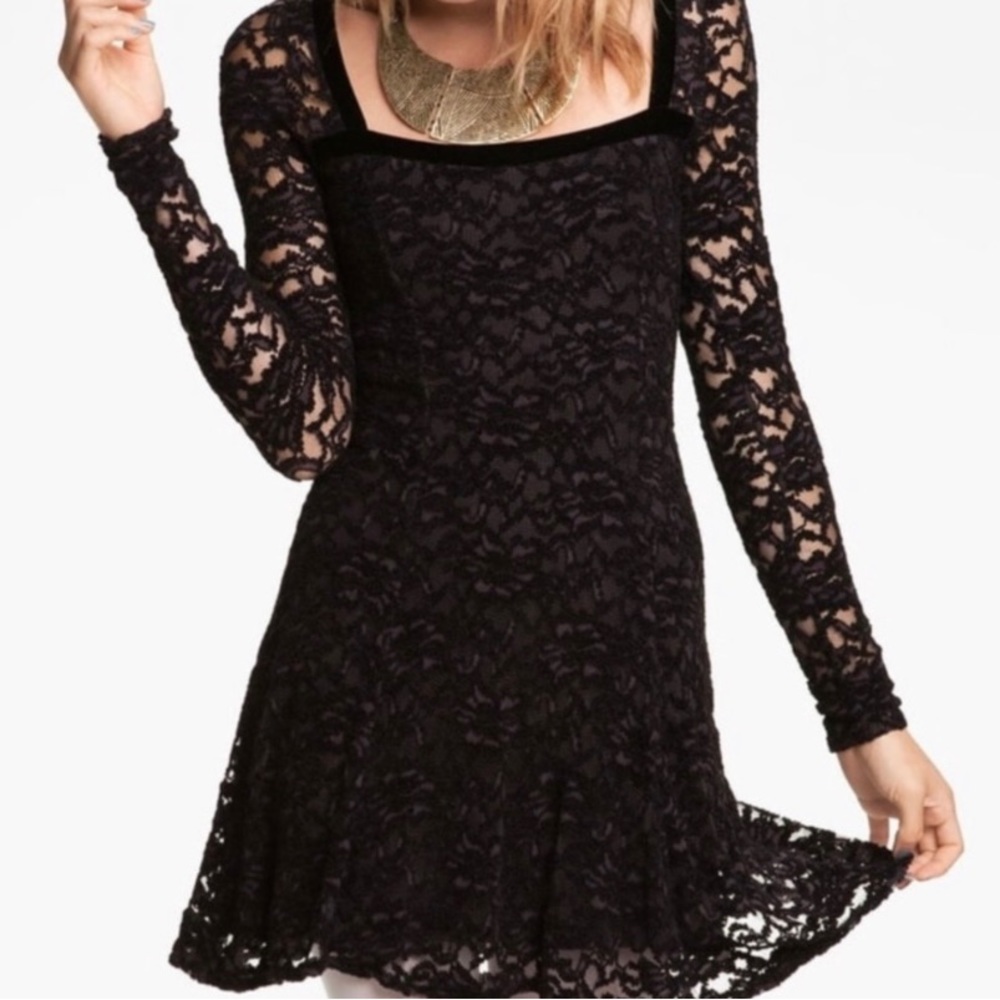 Free People Black Lace and Velvet Trim Dress